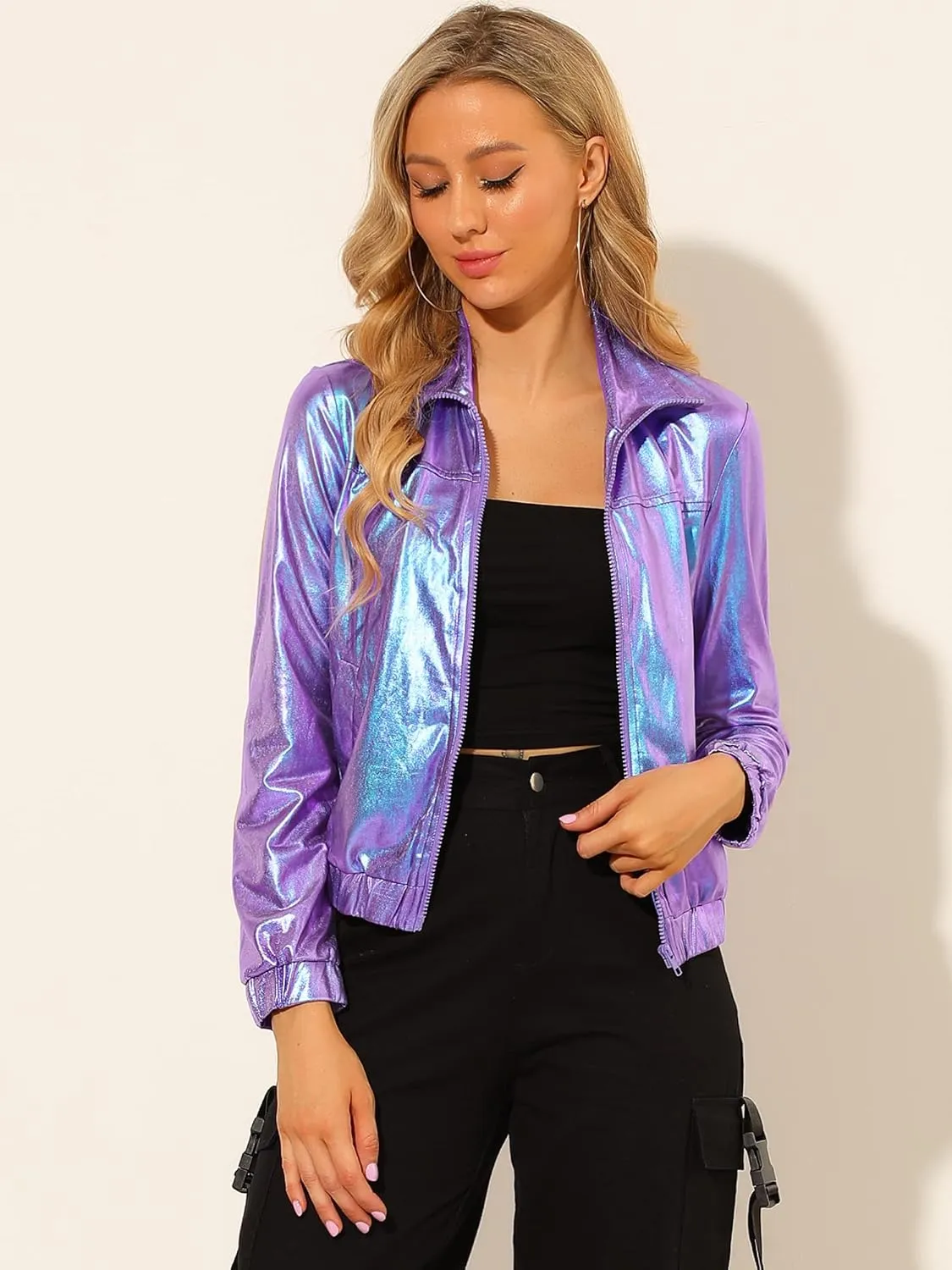 Allegra K Women's Holographic Shiny Party Christmas Long Sleeve Lightweight Zipper Metallic Jacket