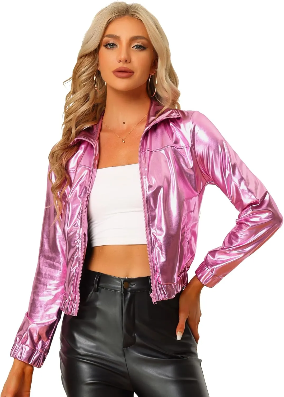 Allegra K Women's Holographic Shiny Party Christmas Long Sleeve Lightweight Zipper Metallic Jacket