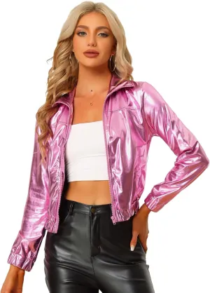 Allegra K Women's Holographic Shiny Party Christmas Long Sleeve Lightweight Zipper Metallic Jacket