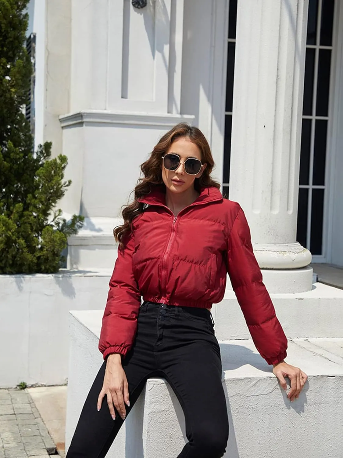 Alunzoem Puffer Jacket Womens Casual Long Sleeve Zip Up Winter Short Down Coat