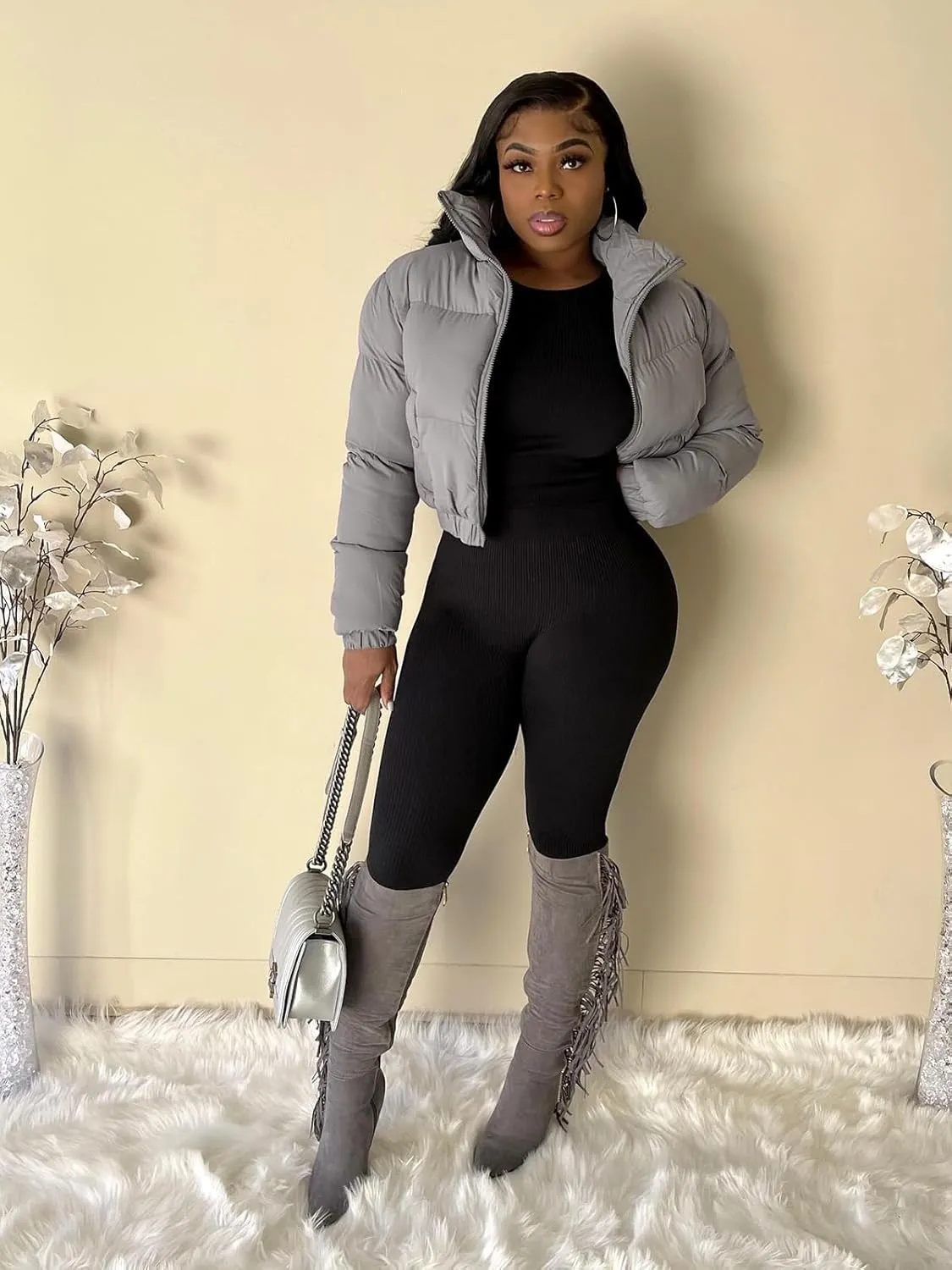 Alunzoem Puffer Jacket Womens Casual Long Sleeve Zip Up Winter Short Down Coat