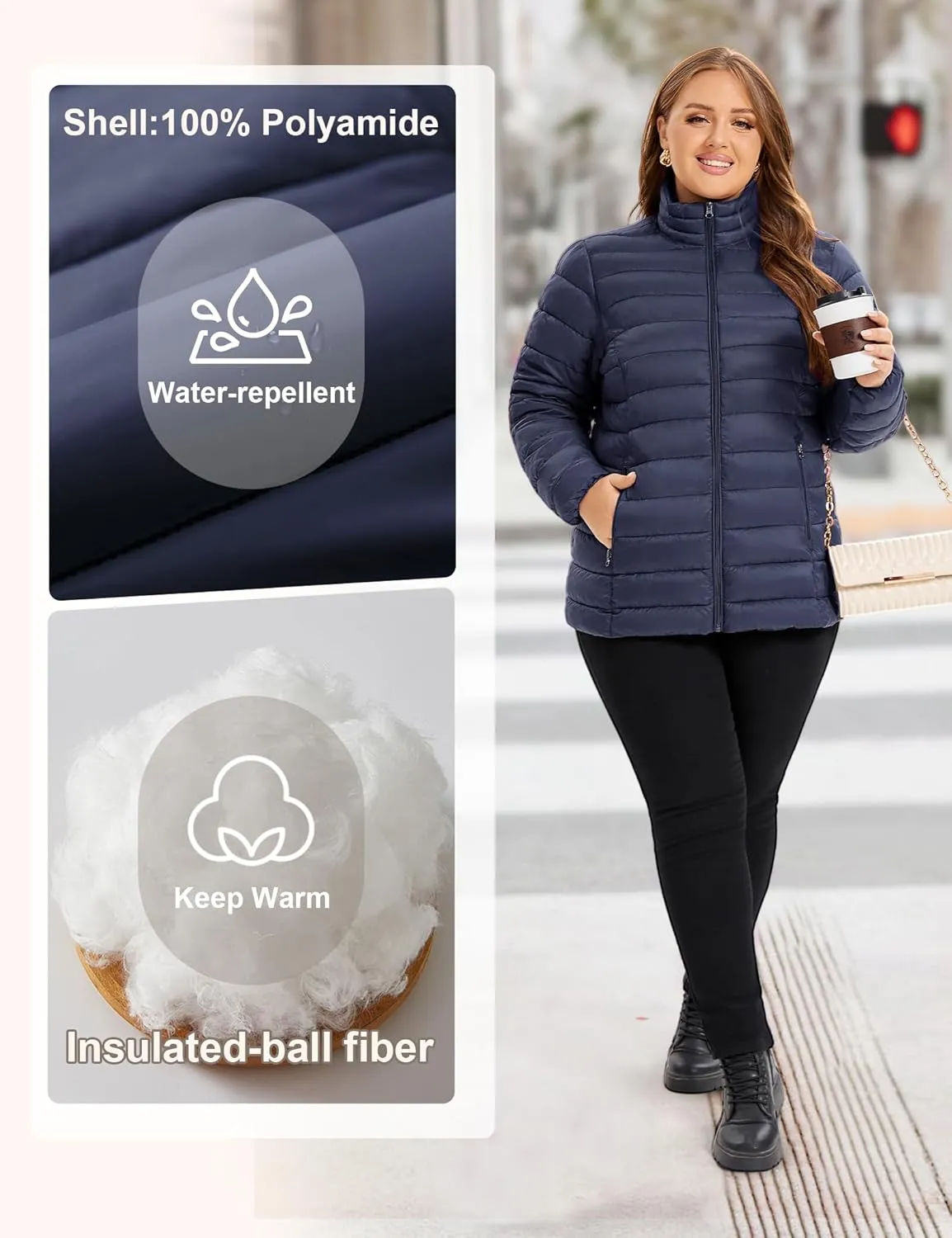 ANOTHER CHOICE Plus Size Puffer Jacket for Women, Lightweight Packable Stand Collar Winter Puffer Coat