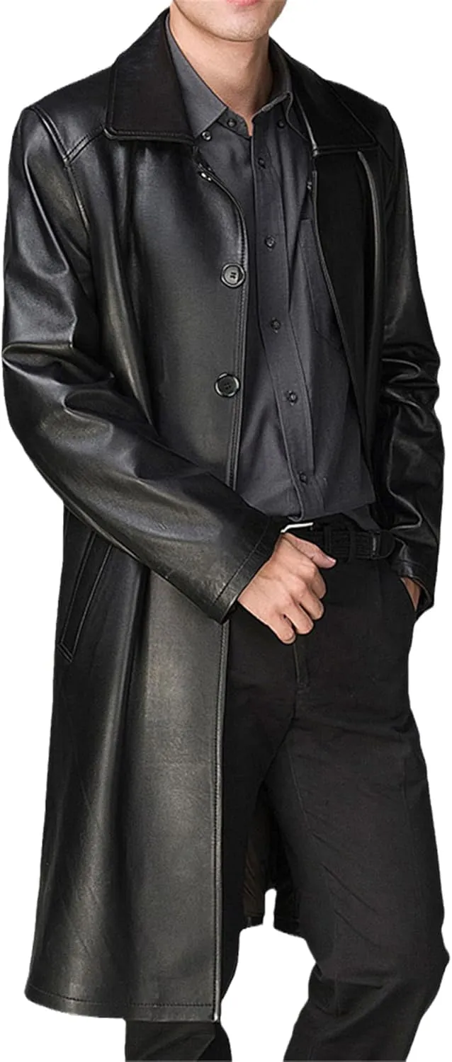 Autumn Mens Black Faux Leather Long Trench Coat Mens Fashion Long Sleeve Single Breasted Pu Leather Jacket