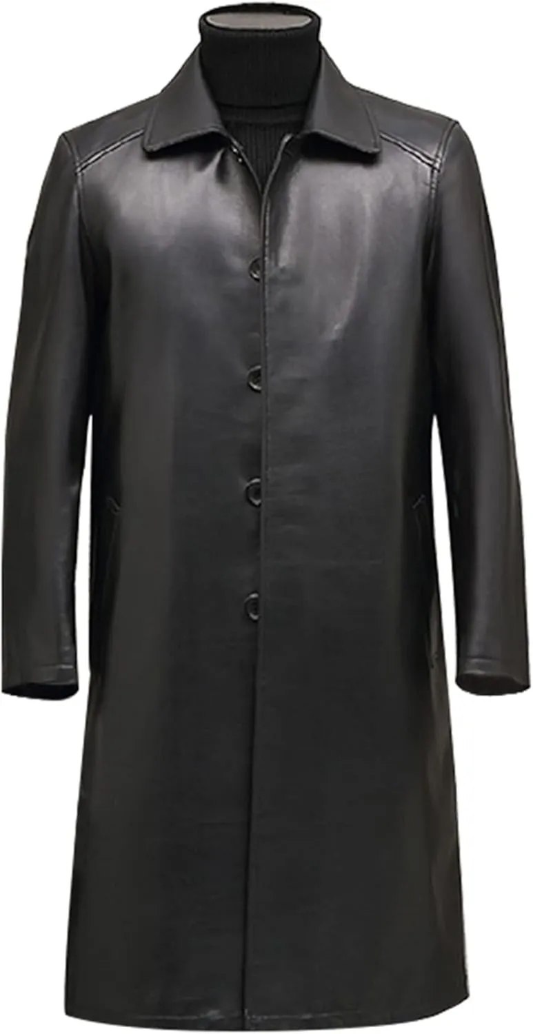 Autumn Mens Black Faux Leather Long Trench Coat Mens Fashion Long Sleeve Single Breasted Pu Leather Jacket