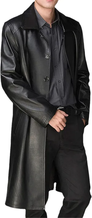 Autumn Mens Black Faux Leather Long Trench Coat Mens Fashion Long Sleeve Single Breasted Pu Leather Jacket