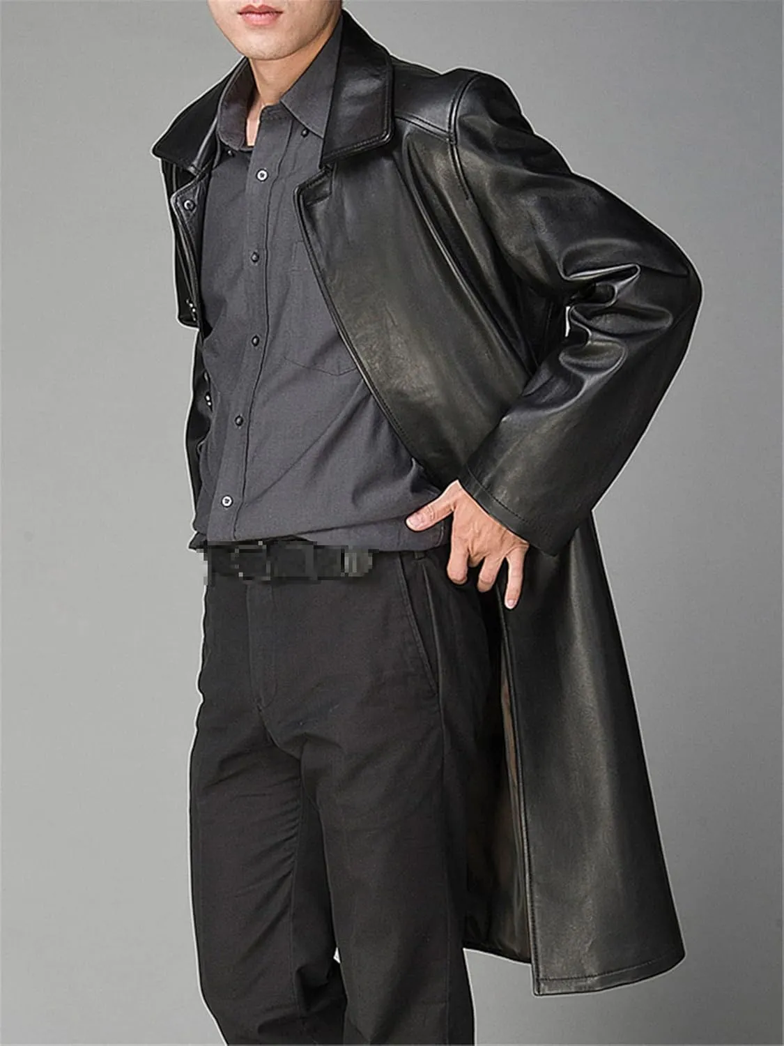 Autumn Mens Black Faux Leather Long Trench Coat Mens Fashion Long Sleeve Single Breasted Pu Leather Jacket
