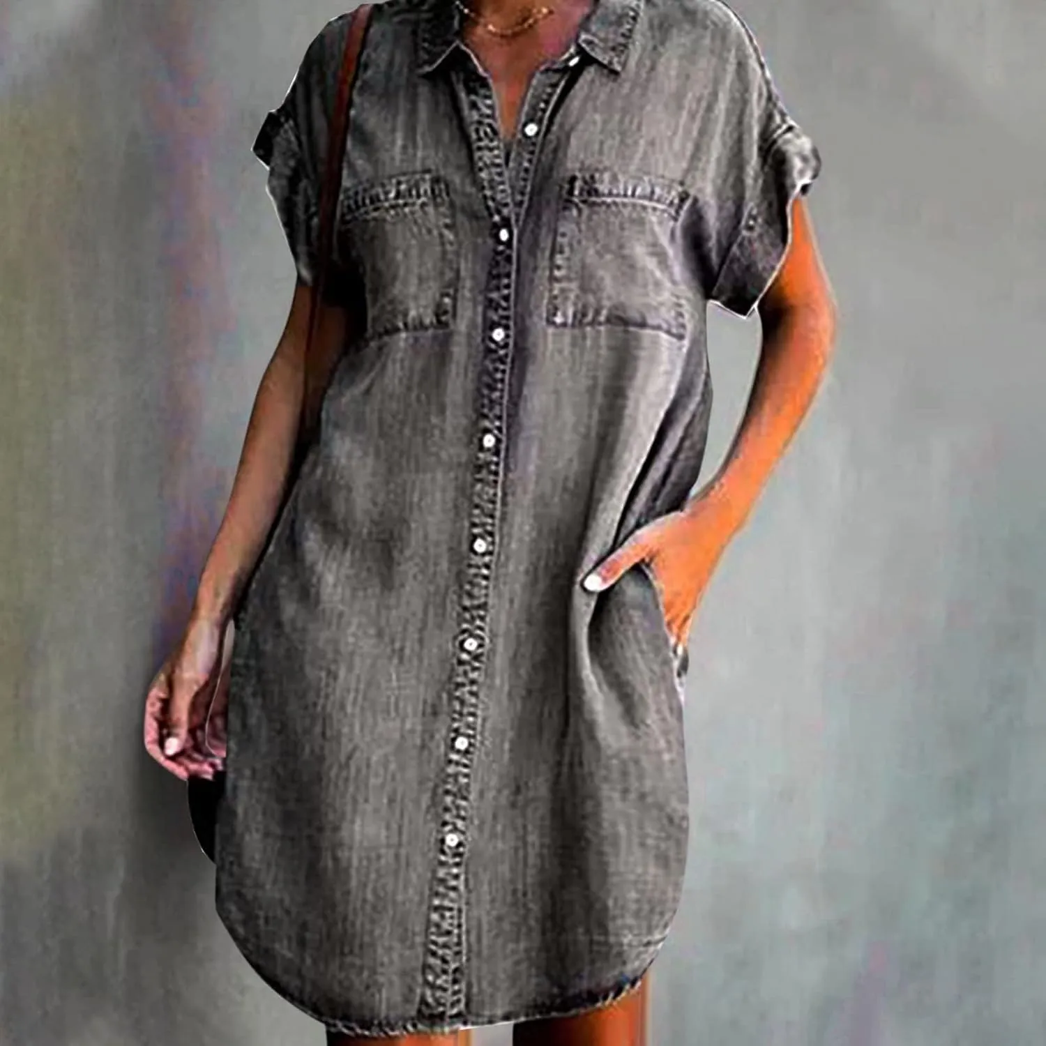 Bengbobar Women's Denim Shirt Dress Summer Casaul Loose Short Sleeve Button Down Jean Dress Plus Size Tunic Top with Pockets