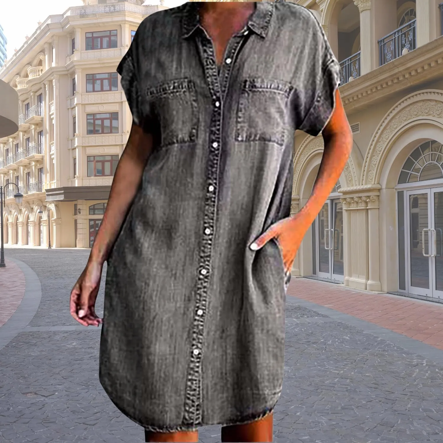 Bengbobar Women's Denim Shirt Dress Summer Casaul Loose Short Sleeve Button Down Jean Dress Plus Size Tunic Top with Pockets