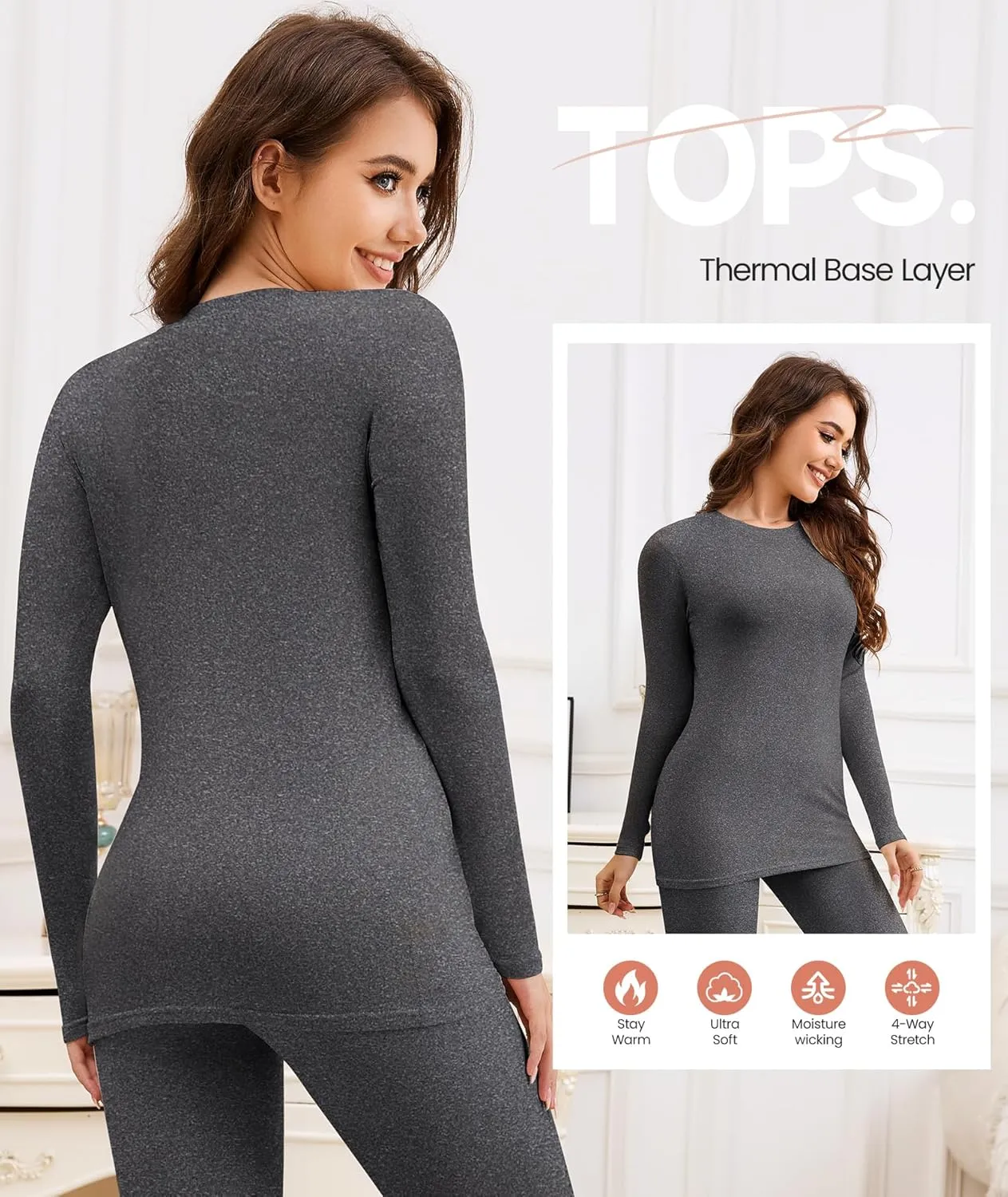 BESTENA Long Sleeve Undershirt for Women, Soft Thermal Shirts with Warm Fleece Lining, Base Layer Thermal Tops