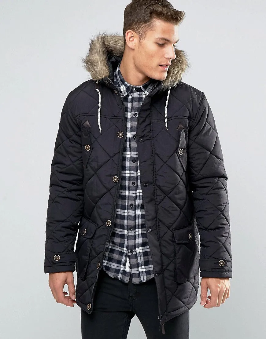 Brave Soul Quilted Parka Jacket with Faux Fur Trim Hood