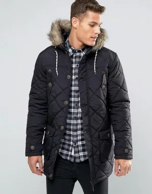 Brave Soul Quilted Parka Jacket with Faux Fur Trim Hood