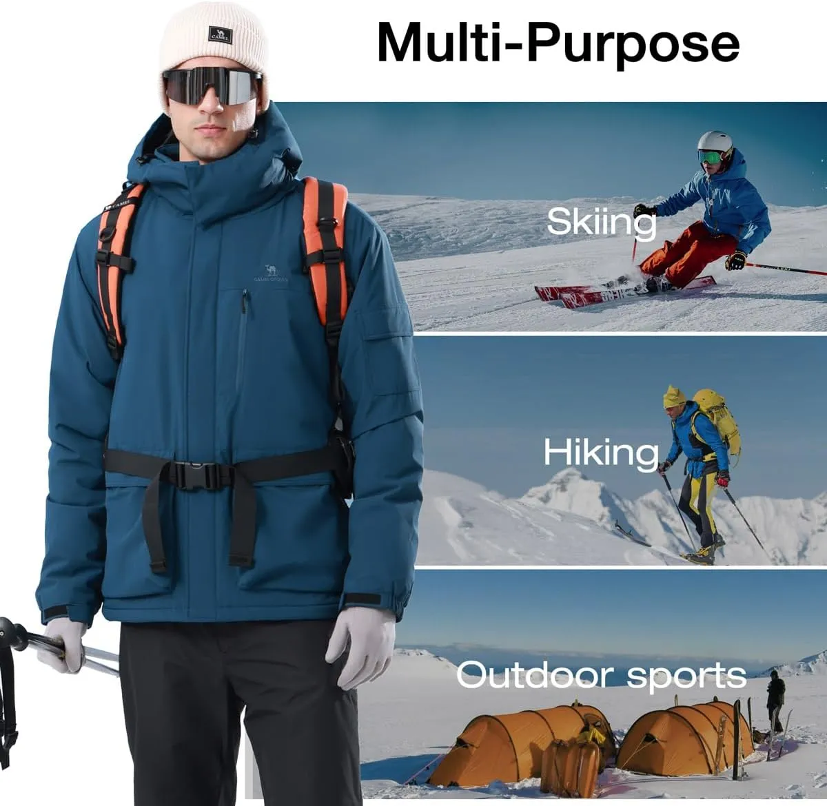 CAMEL CROWN Men's Waterproof Ski Jackets Winter Coats Snow Jacket Adjustable Fleece Windbreaker Windproof Outdoor RainJackets