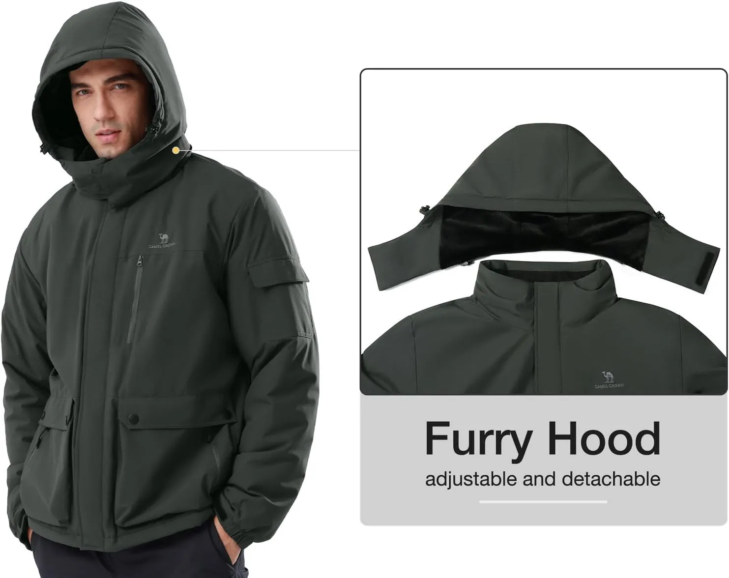CAMEL CROWN Men's Waterproof Ski Jackets Winter Coats Snow Jacket Adjustable Fleece Windbreaker Windproof Outdoor RainJackets