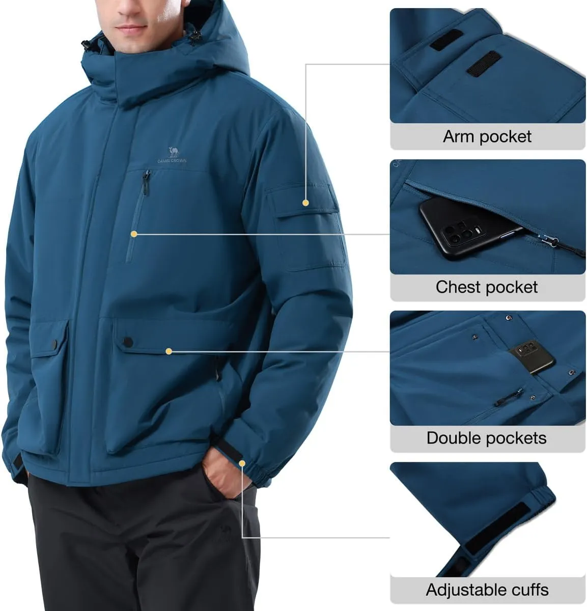 CAMEL CROWN Men's Waterproof Ski Jackets Winter Coats Snow Jacket Adjustable Fleece Windbreaker Windproof Outdoor RainJackets