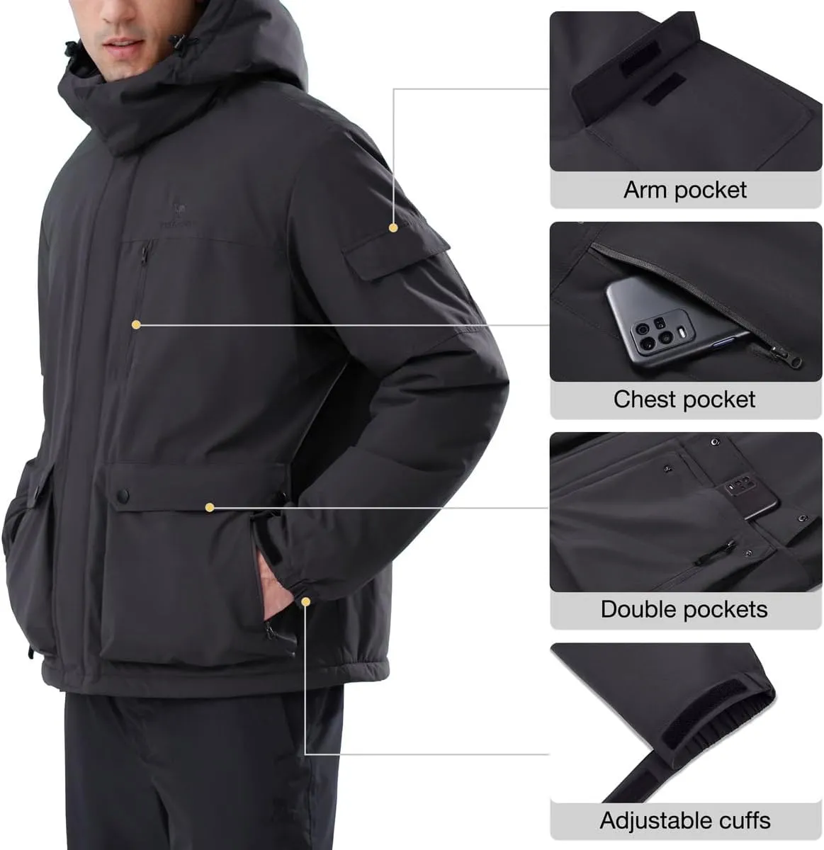 CAMEL CROWN Men's Waterproof Ski Jackets Winter Coats Snow Jacket Adjustable Fleece Windbreaker Windproof Outdoor RainJackets