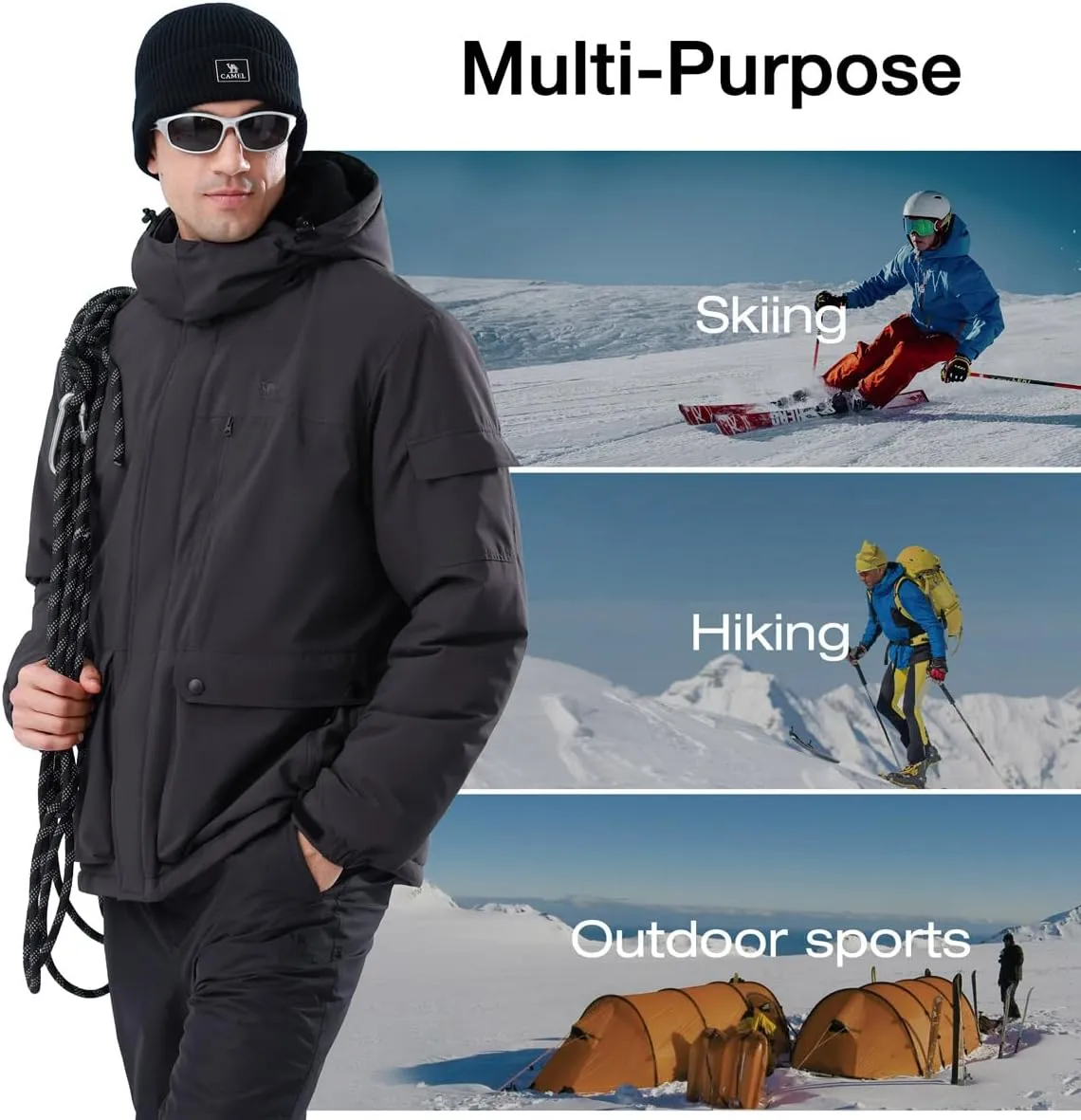 CAMEL CROWN Men's Waterproof Ski Jackets Winter Coats Snow Jacket Adjustable Fleece Windbreaker Windproof Outdoor RainJackets