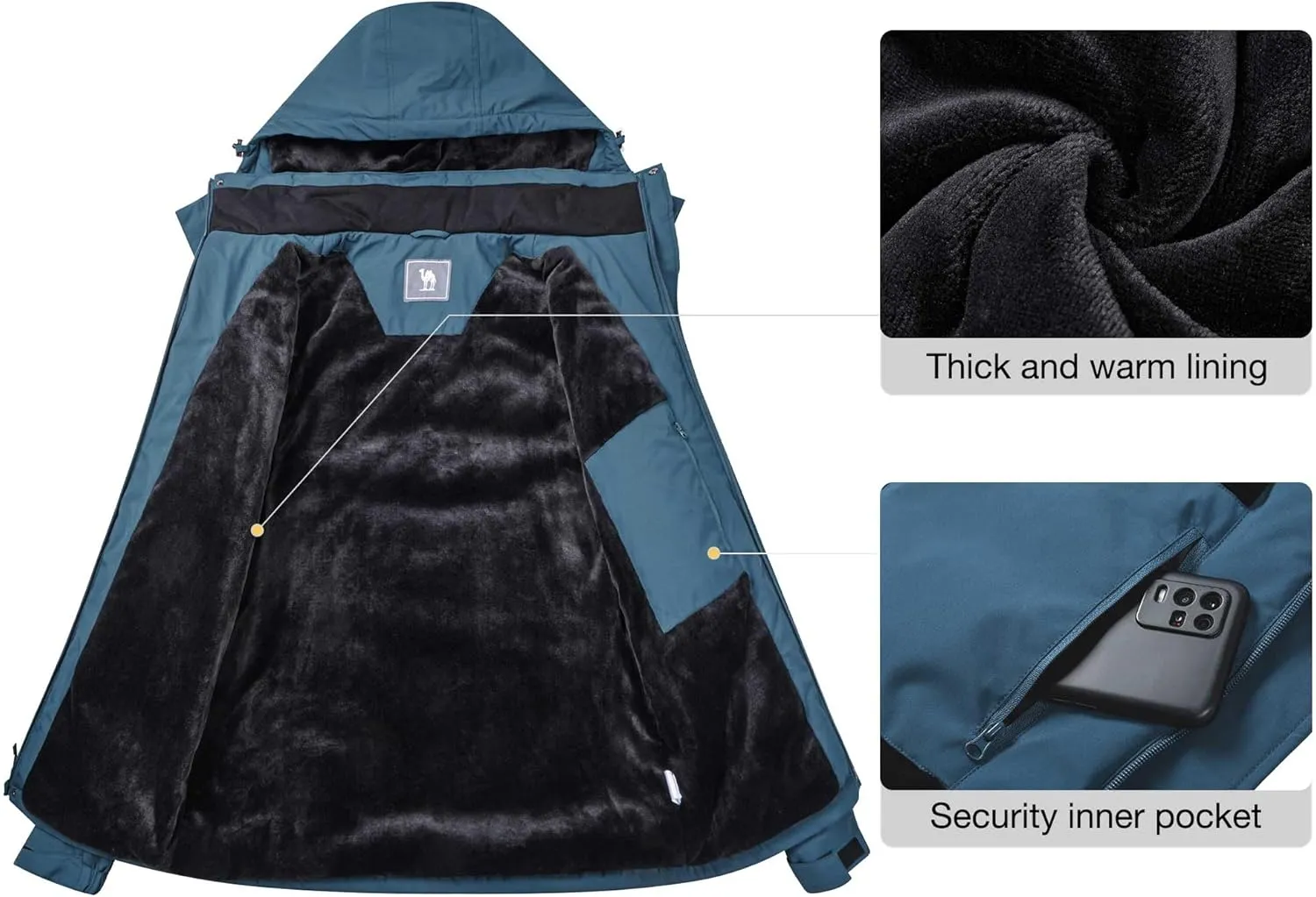 CAMEL CROWN Men's Waterproof Ski Jackets Winter Coats Snow Jacket Adjustable Fleece Windbreaker Windproof Outdoor RainJackets