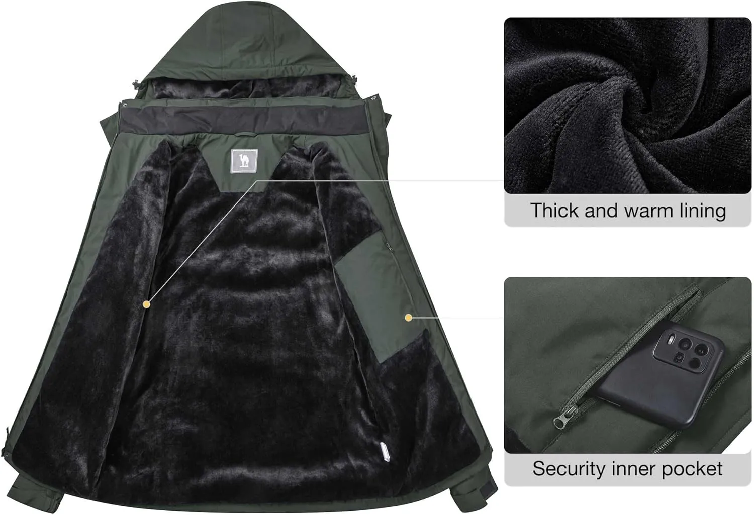 CAMEL CROWN Men's Waterproof Ski Jackets Winter Coats Snow Jacket Adjustable Fleece Windbreaker Windproof Outdoor RainJackets