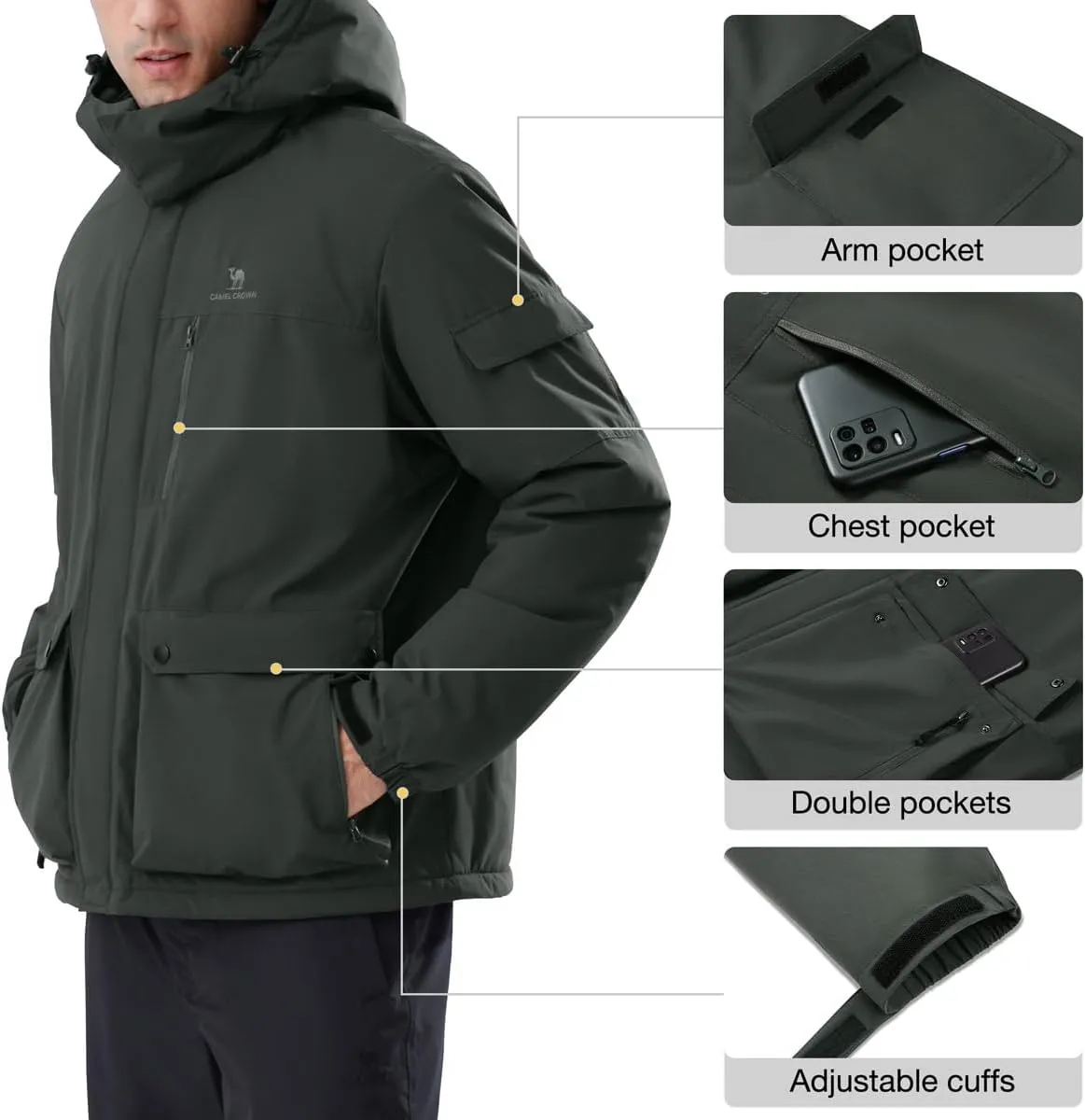 CAMEL CROWN Men's Waterproof Ski Jackets Winter Coats Snow Jacket Adjustable Fleece Windbreaker Windproof Outdoor RainJackets