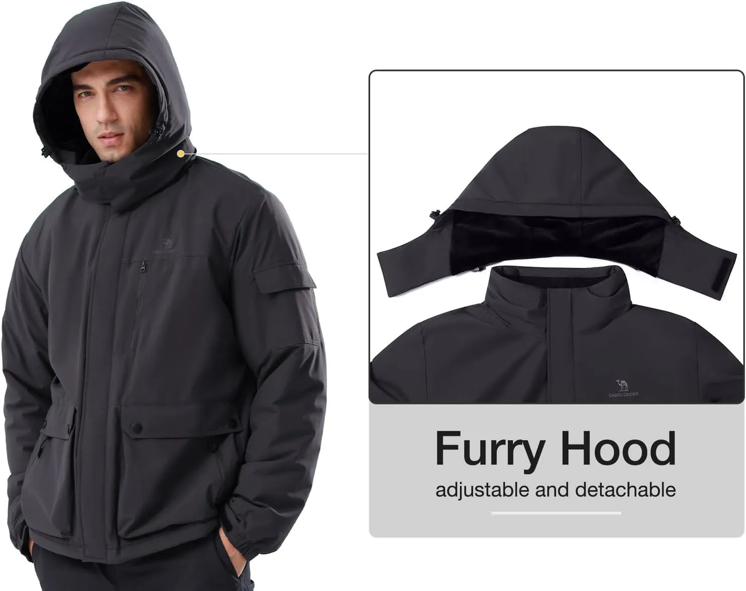 CAMEL CROWN Men's Waterproof Ski Jackets Winter Coats Snow Jacket Adjustable Fleece Windbreaker Windproof Outdoor RainJackets