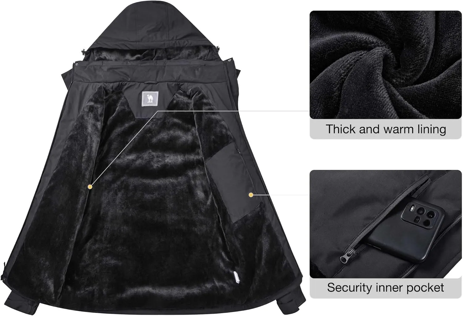 CAMEL CROWN Men's Waterproof Ski Jackets Winter Coats Snow Jacket Adjustable Fleece Windbreaker Windproof Outdoor RainJackets