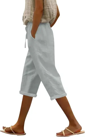 Capris Pants for Women Color Cotton Linen Elastic Seven Pants Beach Casual Pants Linen Baggy Comfort Trousers with