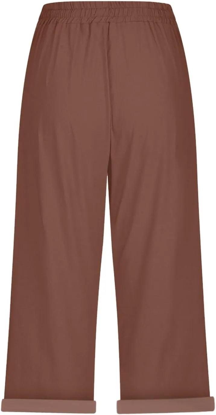 Capris Pants for Women Color Cotton Linen Elastic Seven Pants Beach Casual Pants Linen Baggy Comfort Trousers with