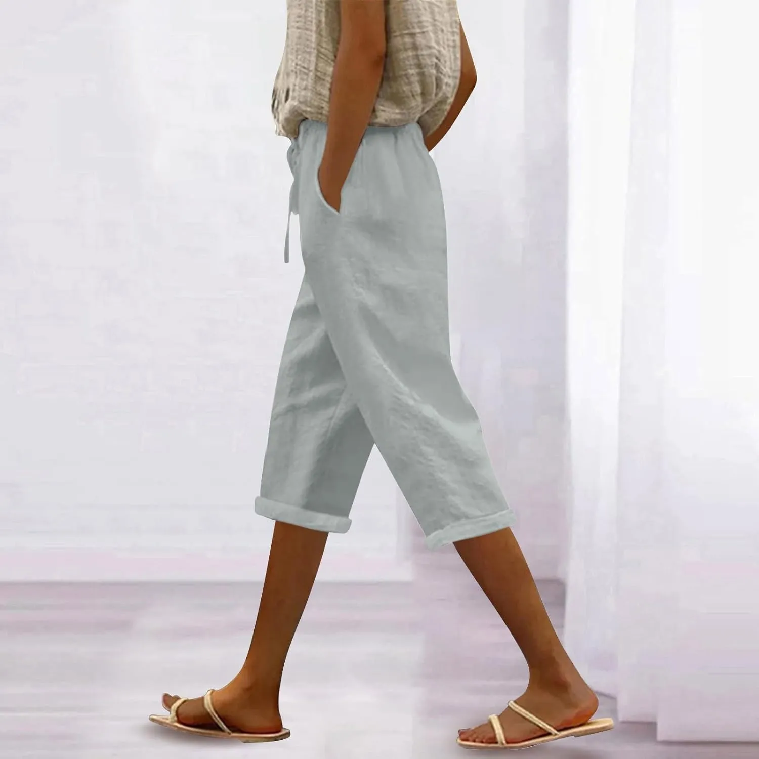 Capris Pants for Women Color Cotton Linen Elastic Seven Pants Beach Casual Pants Linen Baggy Comfort Trousers with