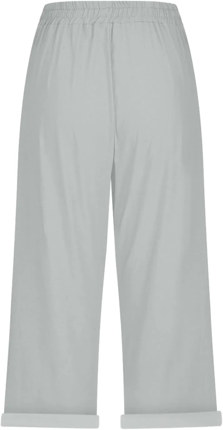 Capris Pants for Women Color Cotton Linen Elastic Seven Pants Beach Casual Pants Linen Baggy Comfort Trousers with