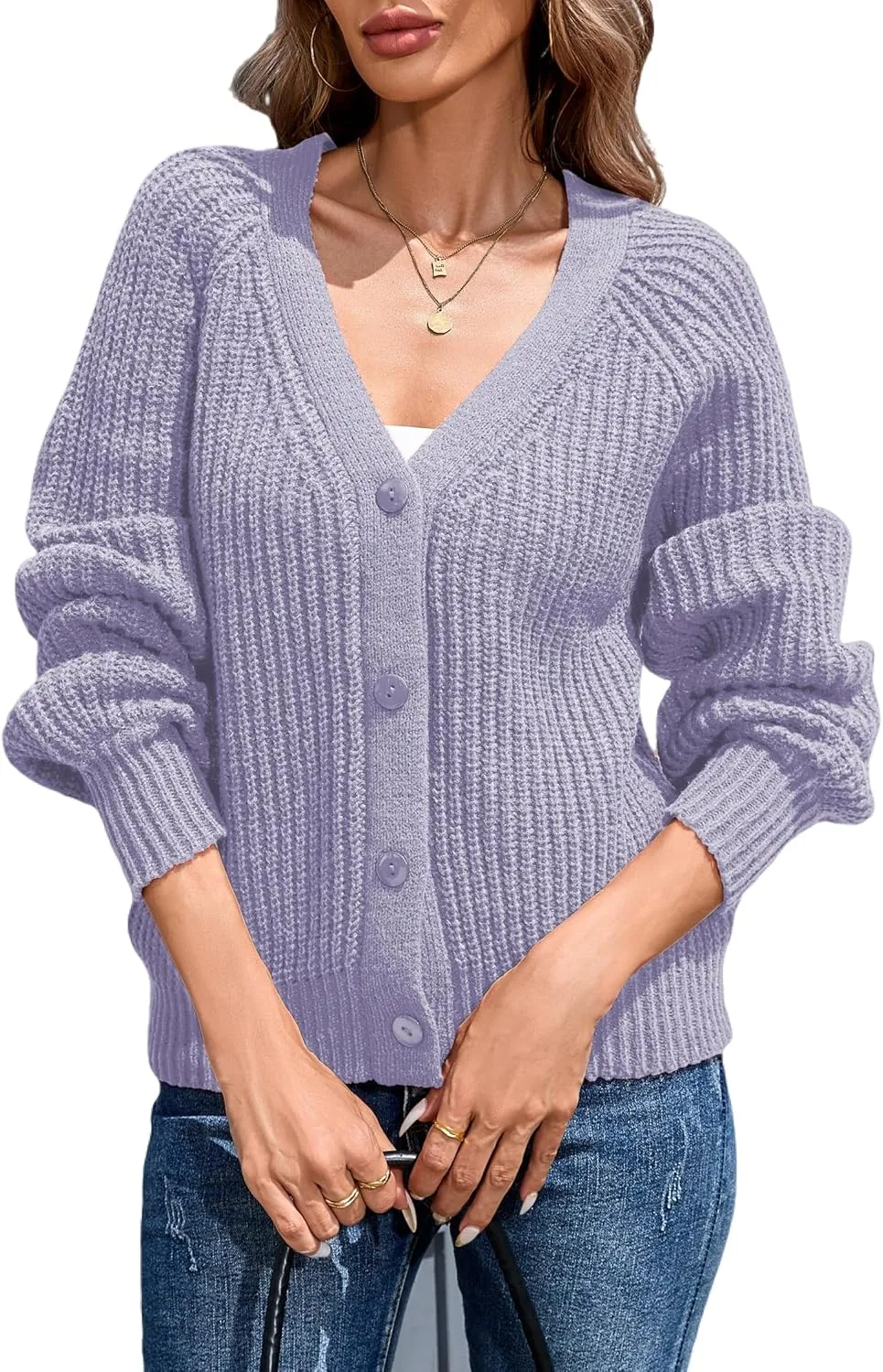 Cardigan Sweaters for Women 2024 Loose Long Sleeve V Neck Lightweight Button Down Open Front Cable Knit Sweater Top