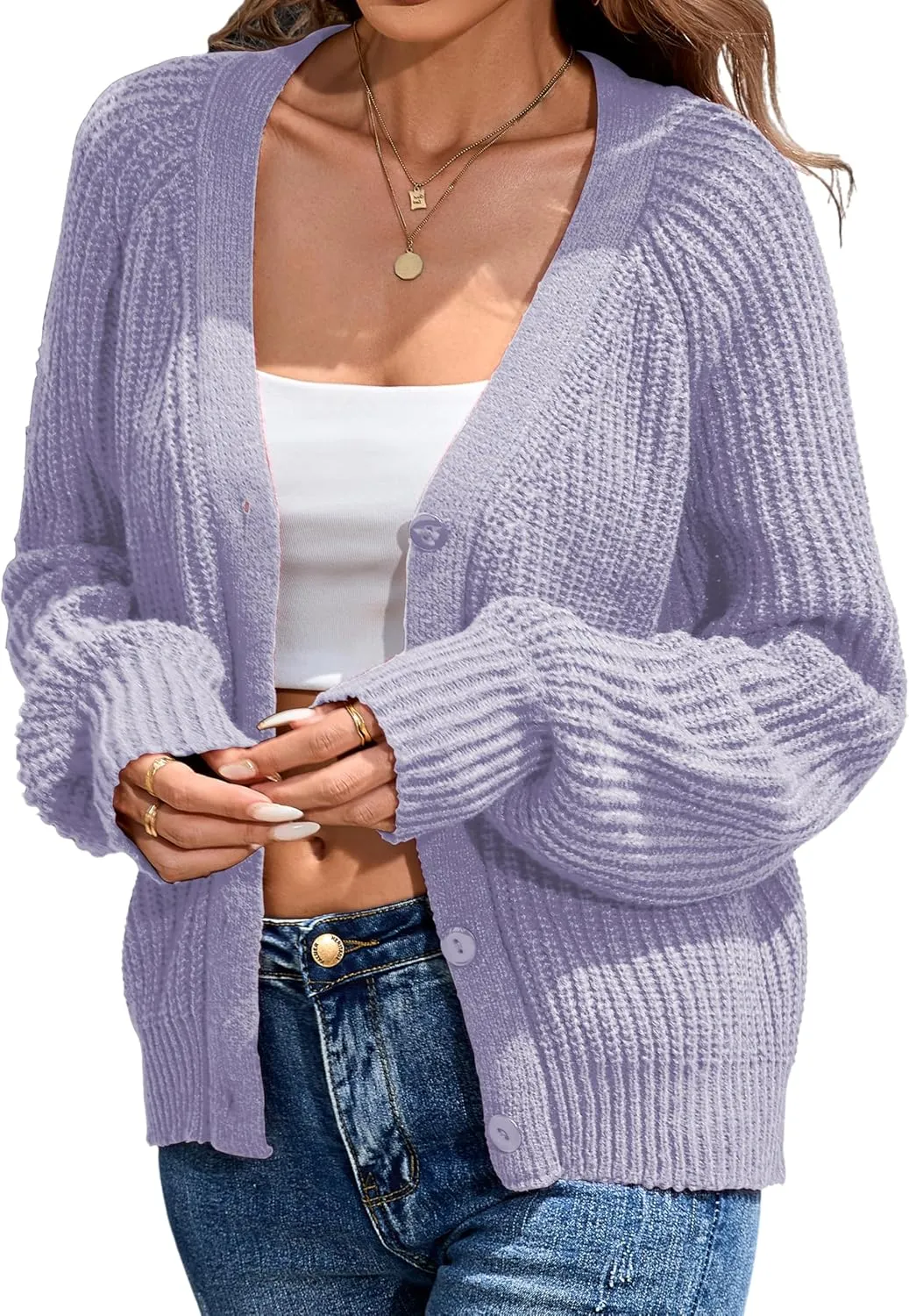 Cardigan Sweaters for Women 2024 Loose Long Sleeve V Neck Lightweight Button Down Open Front Cable Knit Sweater Top