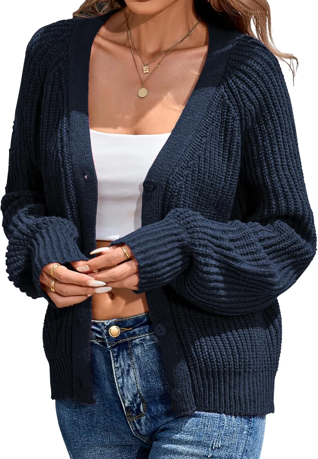 Cardigan Sweaters for Women 2024 Loose Long Sleeve V Neck Lightweight Button Down Open Front Cable Knit Sweater Top