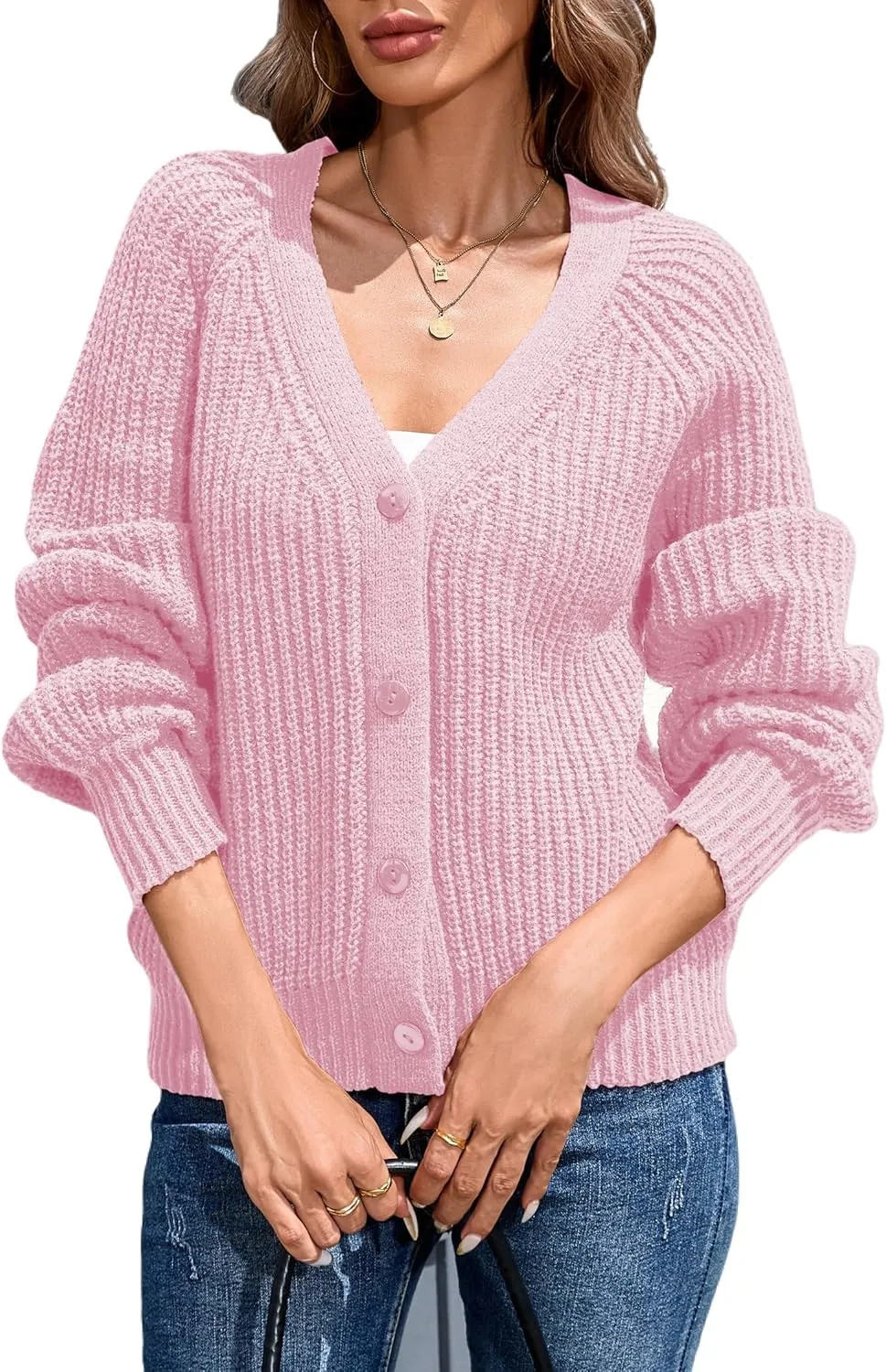 Cardigan Sweaters for Women 2024 Loose Long Sleeve V Neck Lightweight Button Down Open Front Cable Knit Sweater Top