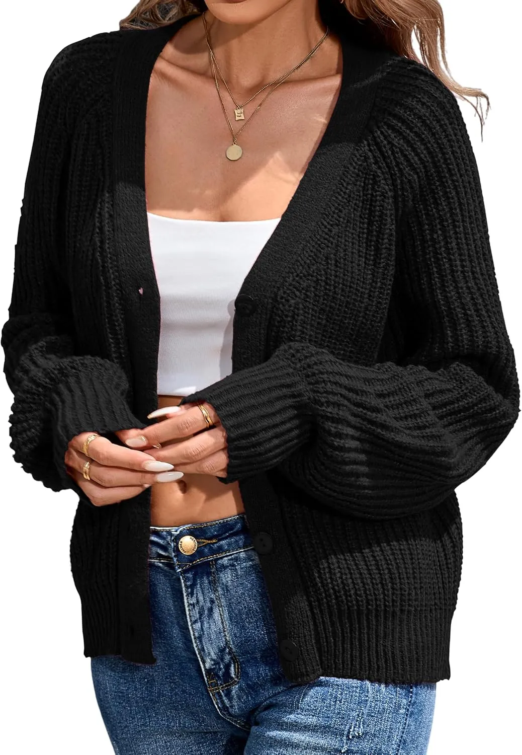 Cardigan Sweaters for Women 2024 Loose Long Sleeve V Neck Lightweight Button Down Open Front Cable Knit Sweater Top