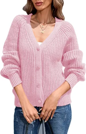 Cardigan Sweaters for Women 2024 Loose Long Sleeve V Neck Lightweight Button Down Open Front Cable Knit Sweater Top