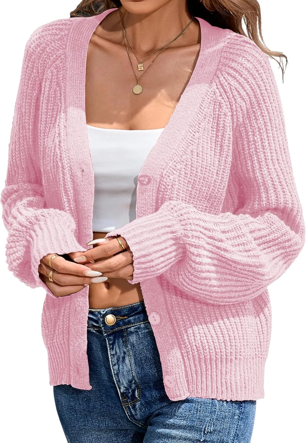 Cardigan Sweaters for Women 2024 Loose Long Sleeve V Neck Lightweight Button Down Open Front Cable Knit Sweater Top