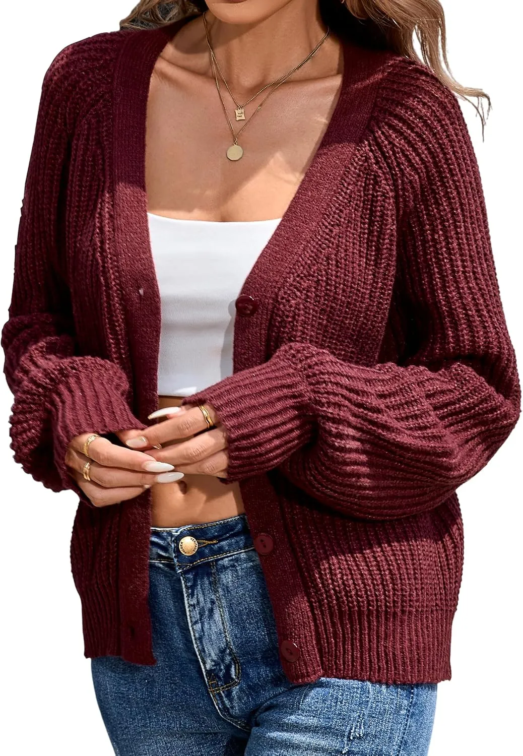 Cardigan Sweaters for Women 2024 Loose Long Sleeve V Neck Lightweight Button Down Open Front Cable Knit Sweater Top