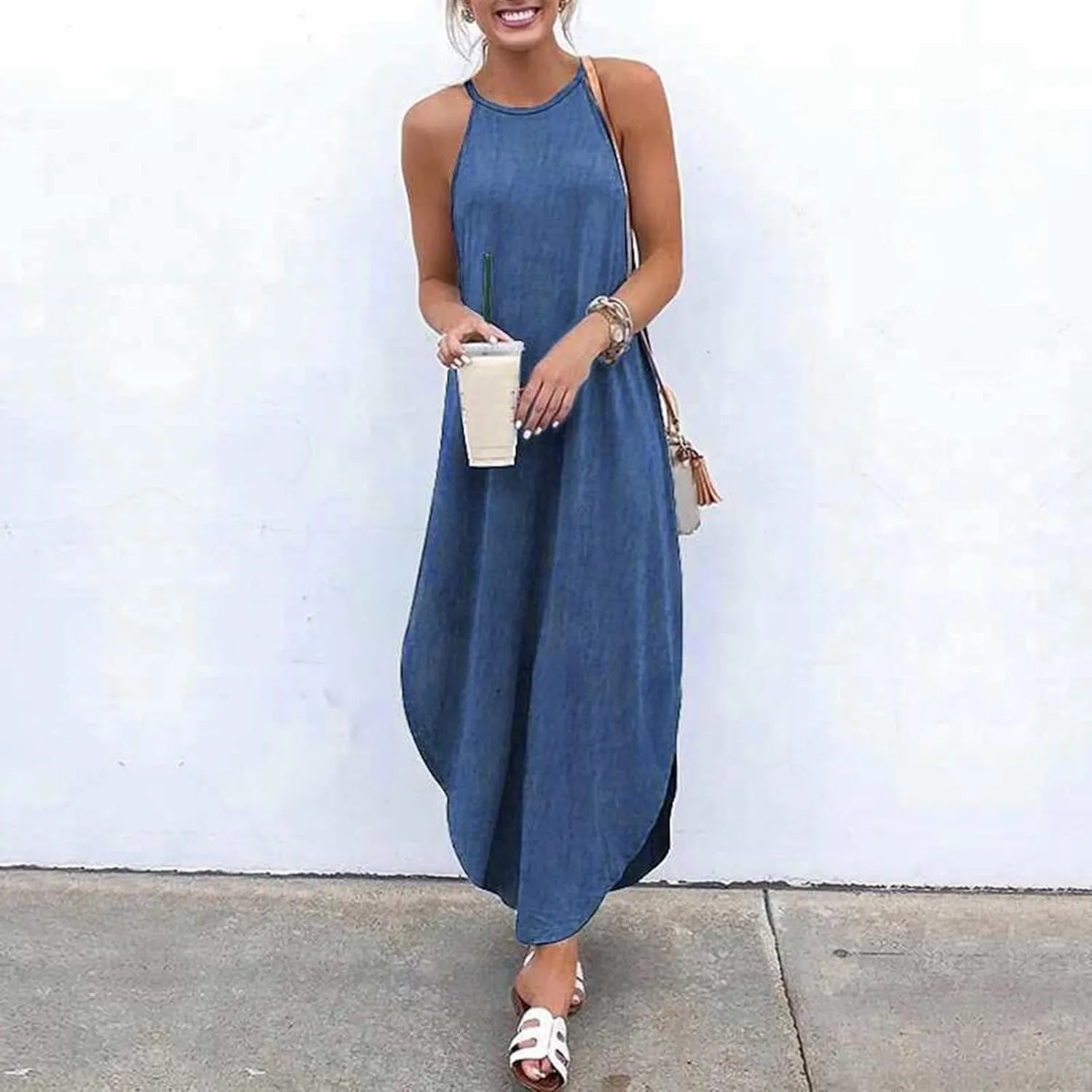 chouyatou Women Summer Beach Sleeveless Halter Dress Sexy Denim Dress Side Slit Jean Dress Maxi Sundress