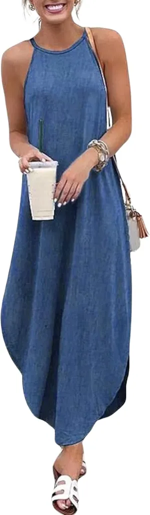 chouyatou Women Summer Beach Sleeveless Halter Dress Sexy Denim Dress Side Slit Jean Dress Maxi Sundress