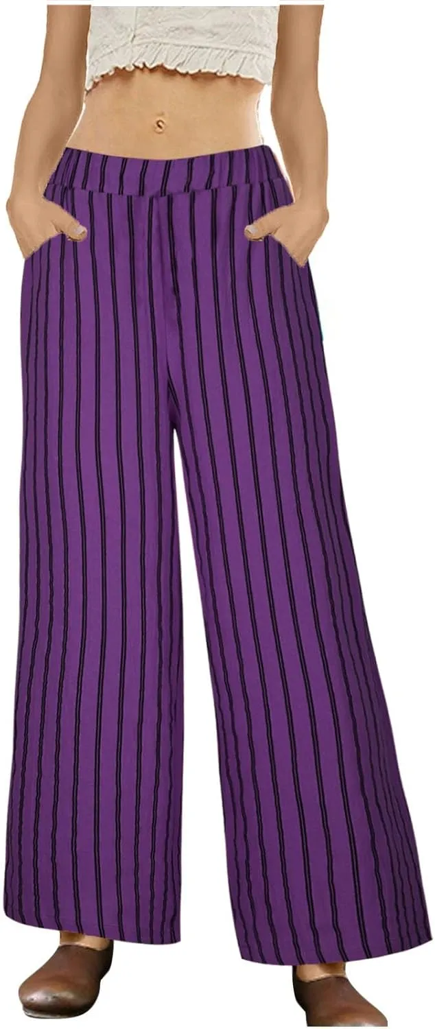 Cotton Linen Pants for Women Summer Comfort Wide Leg Boho Trousers High Waist Striped Lounge Pants with Pockets