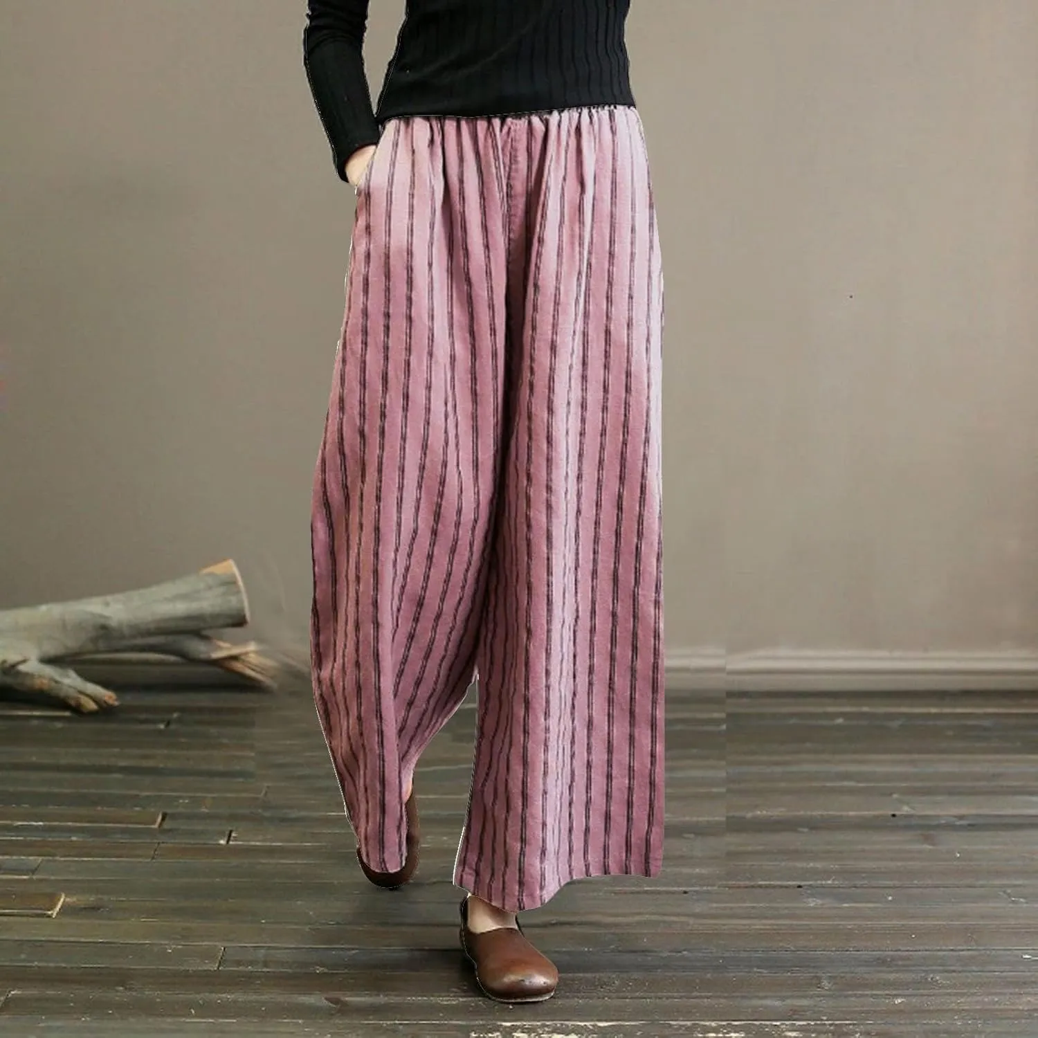 Cotton Linen Pants for Women Summer Comfort Wide Leg Boho Trousers High Waist Striped Lounge Pants with Pockets