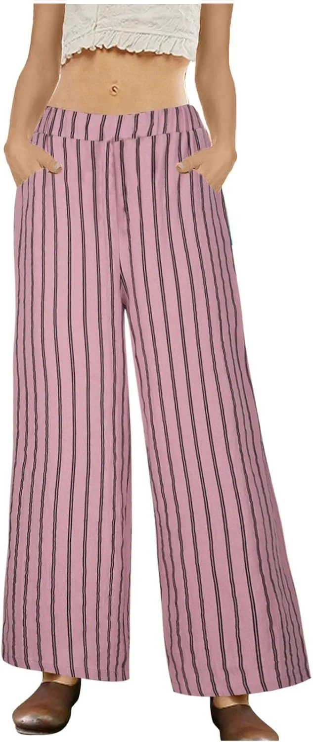 Cotton Linen Pants for Women Summer Comfort Wide Leg Boho Trousers High Waist Striped Lounge Pants with Pockets