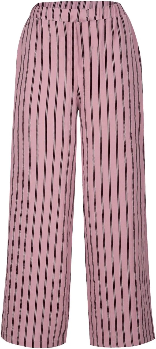Cotton Linen Pants for Women Summer Comfort Wide Leg Boho Trousers High Waist Striped Lounge Pants with Pockets