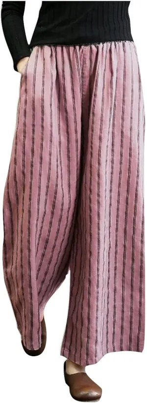 Cotton Linen Pants for Women Summer Comfort Wide Leg Boho Trousers High Waist Striped Lounge Pants with Pockets