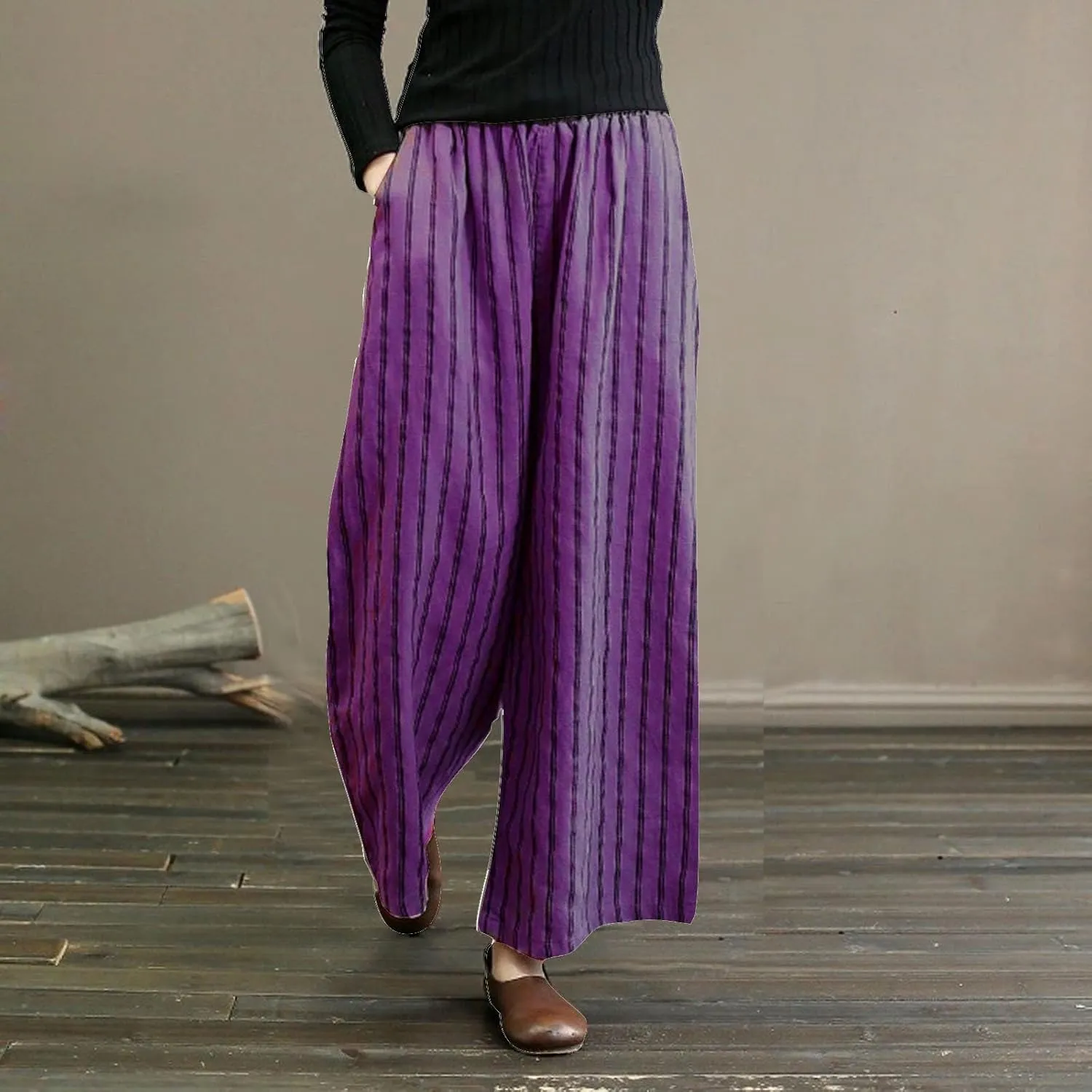 Cotton Linen Pants for Women Summer Comfort Wide Leg Boho Trousers High Waist Striped Lounge Pants with Pockets
