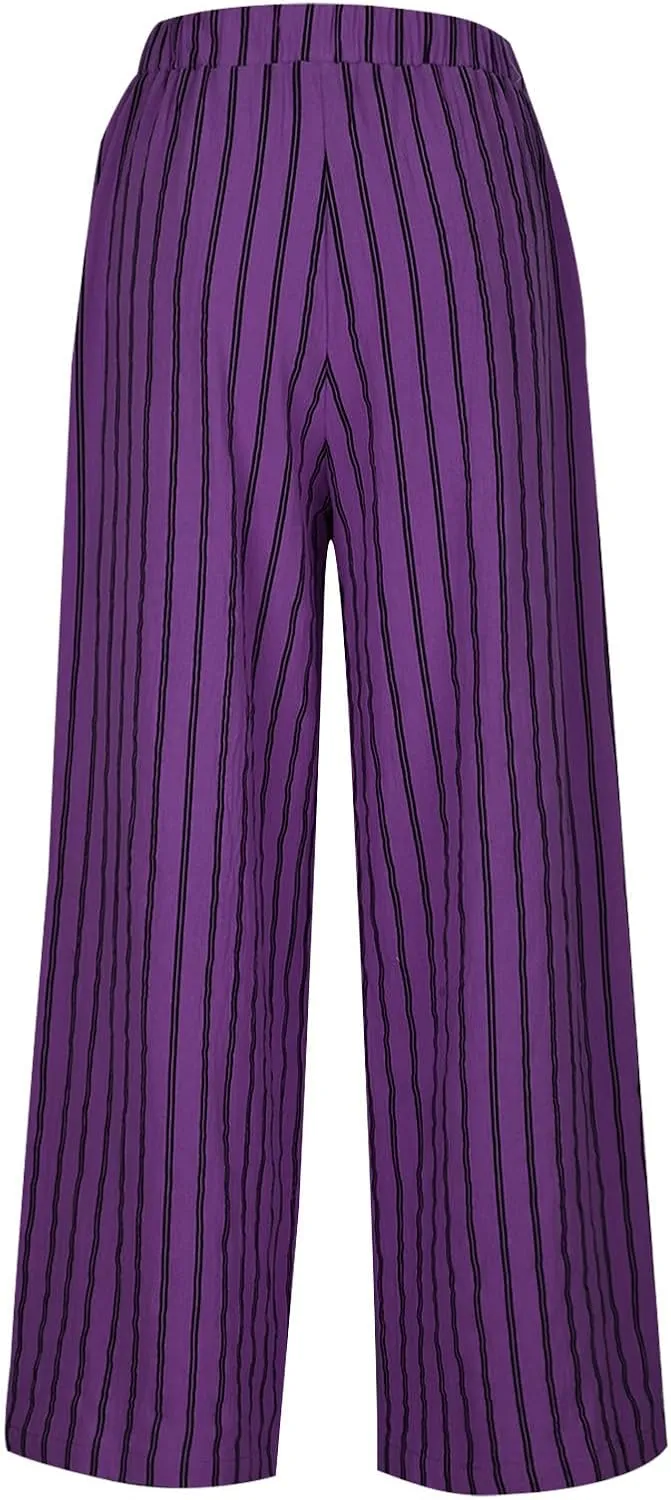 Cotton Linen Pants for Women Summer Comfort Wide Leg Boho Trousers High Waist Striped Lounge Pants with Pockets