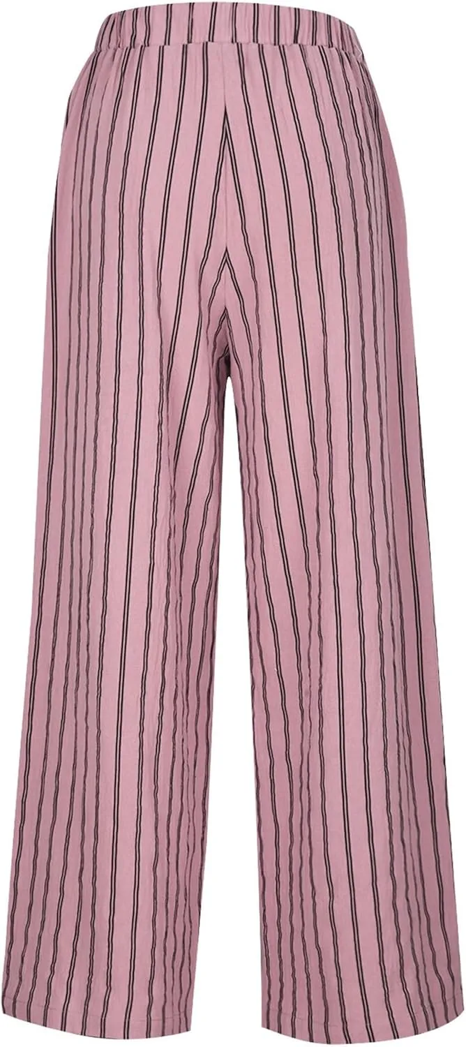 Cotton Linen Pants for Women Summer Comfort Wide Leg Boho Trousers High Waist Striped Lounge Pants with Pockets