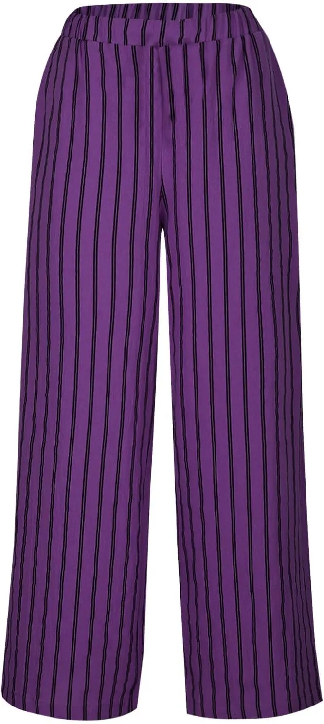 Cotton Linen Pants for Women Summer Comfort Wide Leg Boho Trousers High Waist Striped Lounge Pants with Pockets