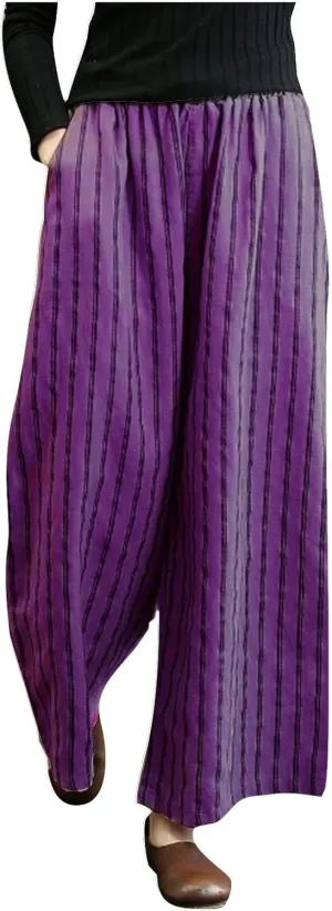 Cotton Linen Pants for Women Summer Comfort Wide Leg Boho Trousers High Waist Striped Lounge Pants with Pockets