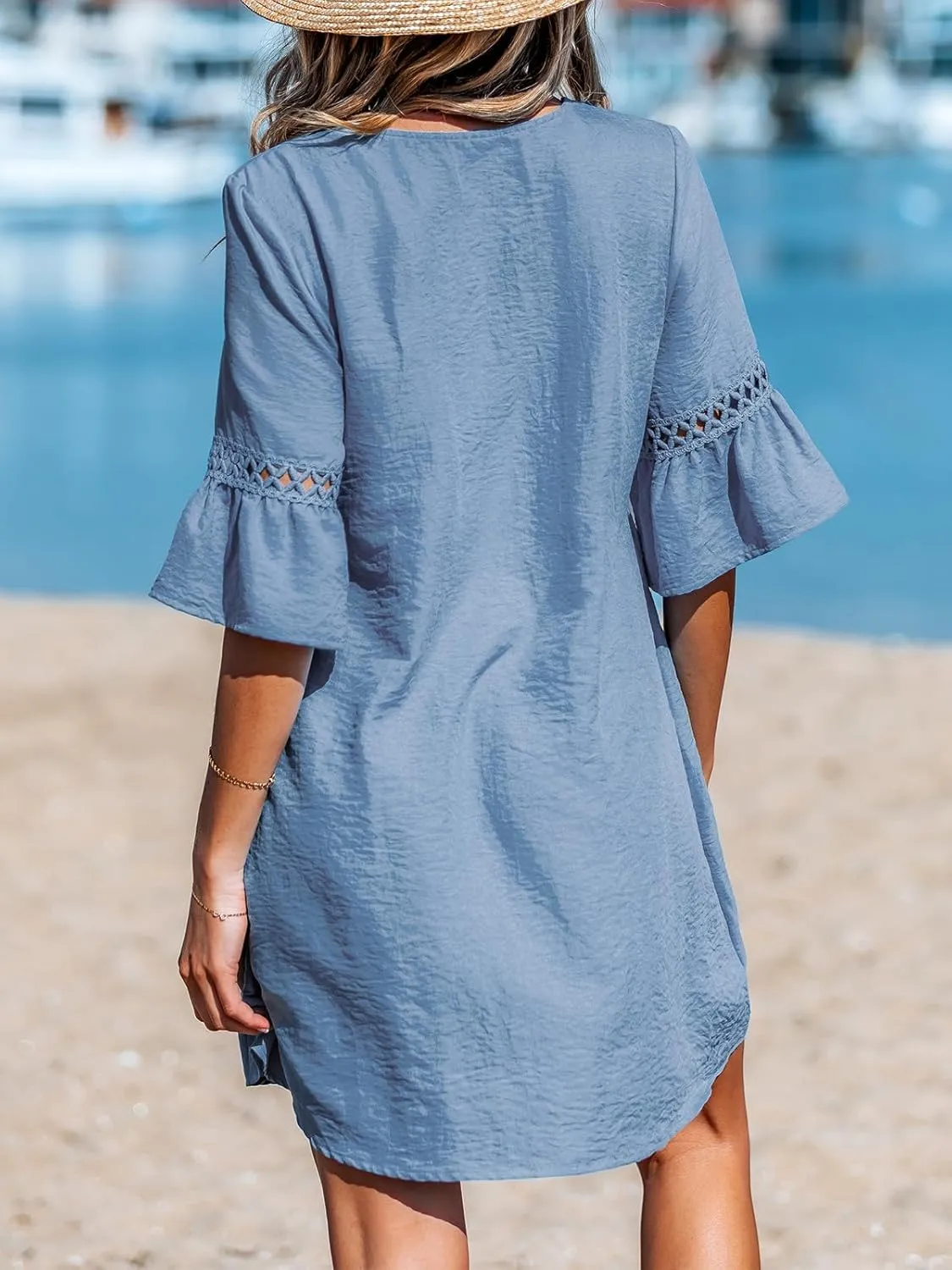 CUPSHE Women V Neck Lace Trim Mini Summer Dress Cover Up 3/4 Sleeve Ruffled Cuff Casual Sundress Beach Dresses Cover Ups